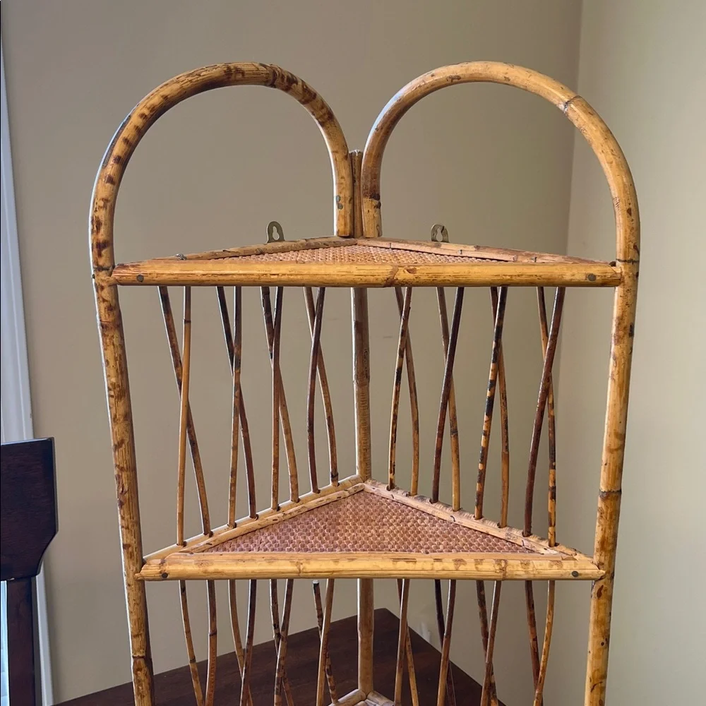 Vintage Tortoiseshell Bamboo Rattan Corner Wall Shelf 3 Tier Decor Boho Rustic